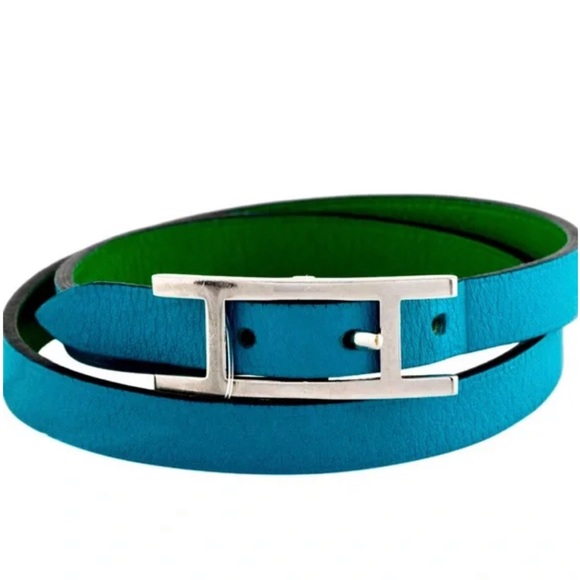 Hermes Leather Behapi Double Tour Reversible Bracelet in Green and Teal - Picture 5 of 7